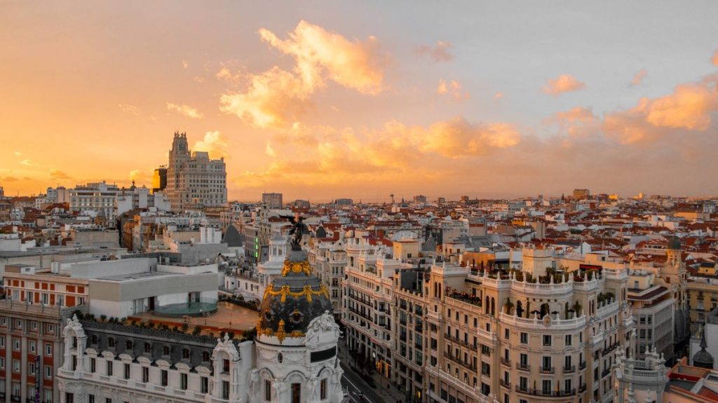 0 Aerial view of the Madrid City skyline at sunset with Gran Via Spain