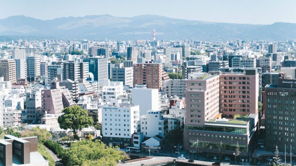 0 Overlooking the Kumamoto cityscape from Kumamoto Castle with beautiful scenery and sunlight bathing the area in
