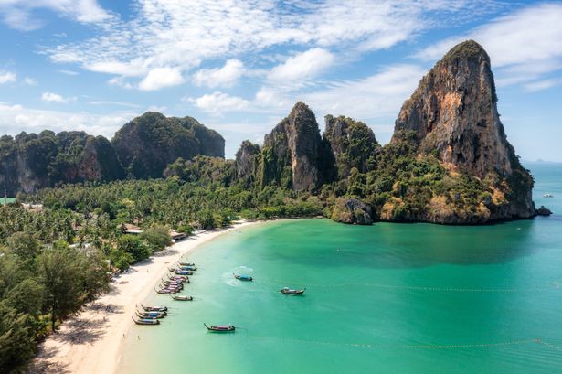 0 Aerial view of Railay beach seen from a drone One of Thailands most famous luxurious beach in summer sunny day in Krabi